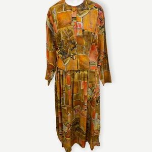 Vintage Clichy Abstract Floral Print Skirt and Button Down Top Set